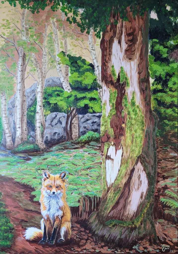 Pour l'exposition annuelle de Pinceaux et Couleurs 2026, le thème est l'interprétation d'une oeuvre de Mathurin Méheut. J'ai donc recherché dans ses créations, celle qui correspond le plus à ce que j'aime peindre. Jai ainsi découvert qu'il avait illustrer le livre "Etudes de la forêt" paru en 1927. Ma première source d'inspiration étant la nature et particulièrement les sous-bois, je me suis naturellement dirigée vers l'une des planches qu'il peignait, sur site, dans la foêt de Fontainbleau. A-t-il un jour rencontré un renard ?